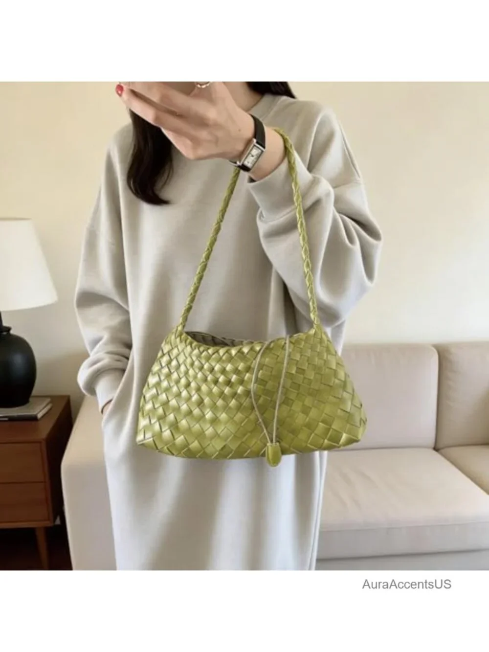 Woven Leather Shoulder Hobo Bag, Large Capacity, Drawstring Closure, Women